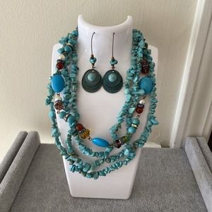 Turquoise & Brown Multi Strand Stone 14” Necklace & 2 1/2” Drop Earring Set